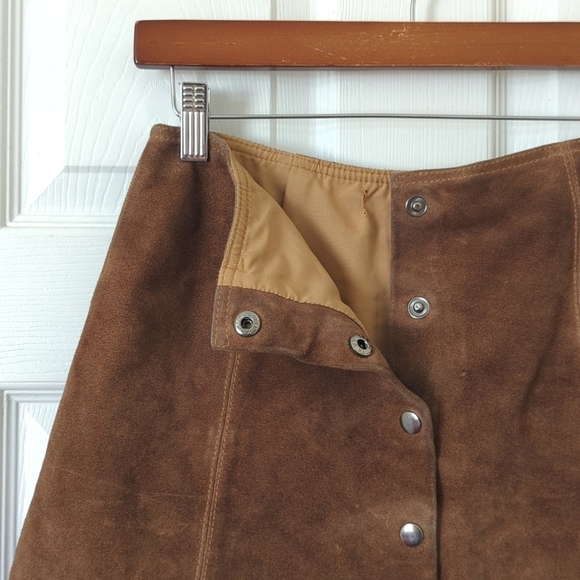 90's Vintage Suede Leather High Waisted A-Line Button Front Mini Skirt Brown S - Picture 3 of 8